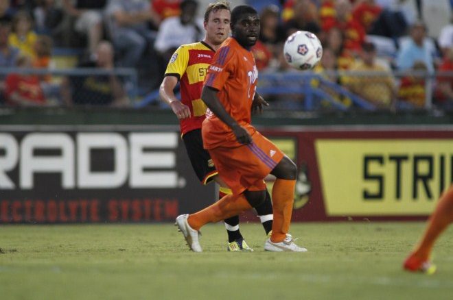 FC Edmonton’s Dominic Oppong played a strong defensive role in midfield as the Eddies played the Fort Lauderdale Strikers to a 1-0 loss on Saturday June 16, 2012. FC Edmonton’s Dominic Oppong played a strong defensive role in midfield as the Eddies played the Fort Lauderdale Strikers to a 1-0 loss on Saturday June 16, 2012.